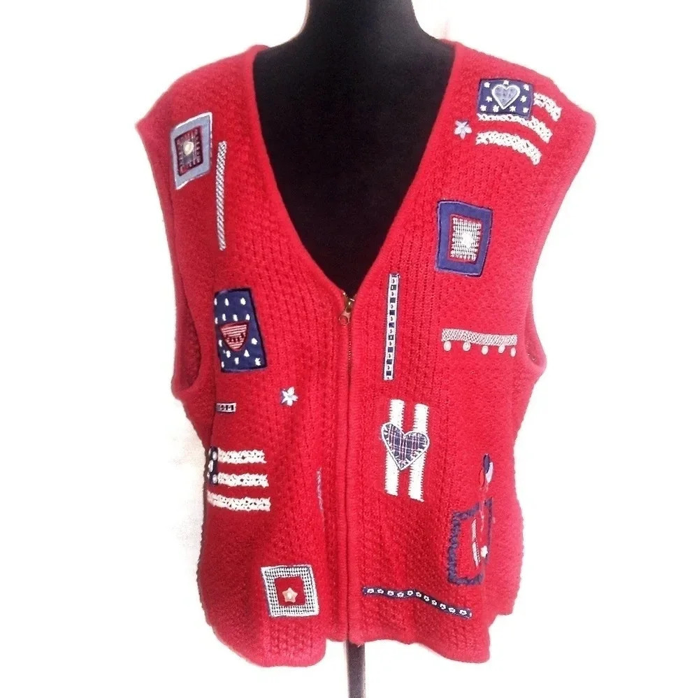 Vintage Patriotic Knit Vest Red July 4th XL Stars